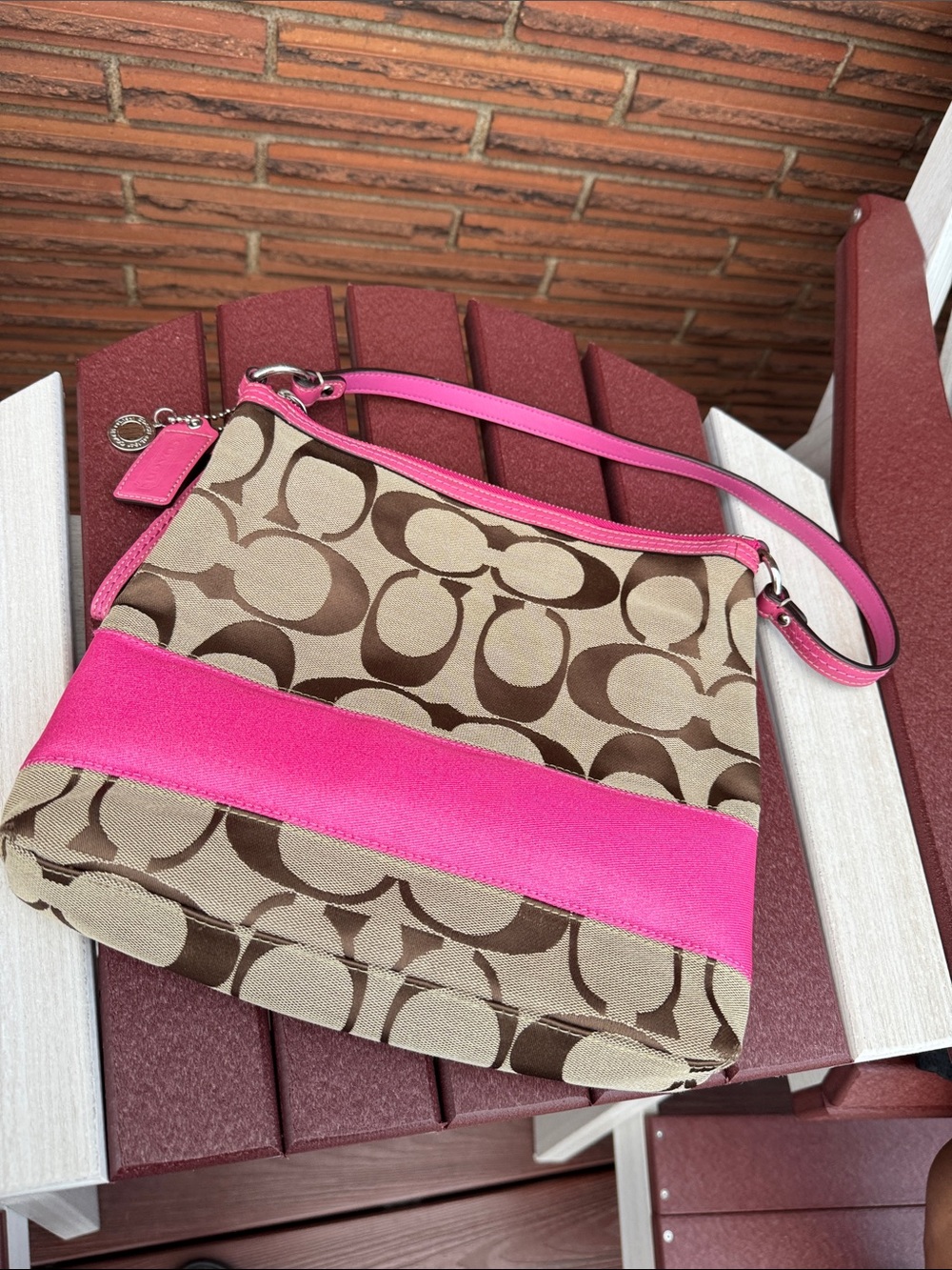Coach Khaki Signature Canvas Crossbody with Hot Pink Trim